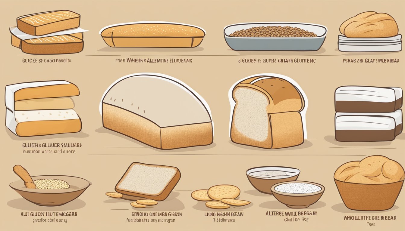 A loaf of white bread surrounded by various alternative options, such as whole grain, multigrain, and gluten-free bread, with a chart showing the glycemic index values for each type