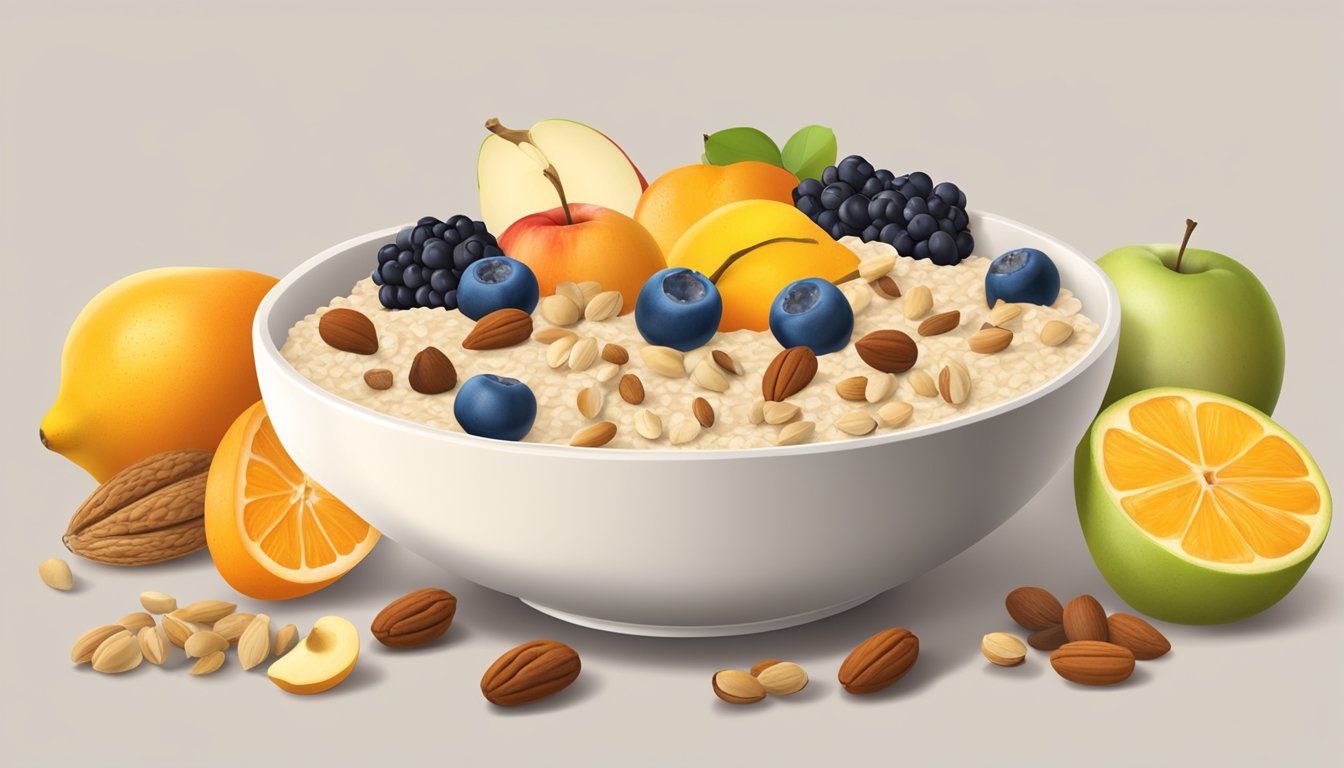 A bowl of oatmeal surrounded by a variety of fruits and nuts, with a measuring tool indicating the glycemic index