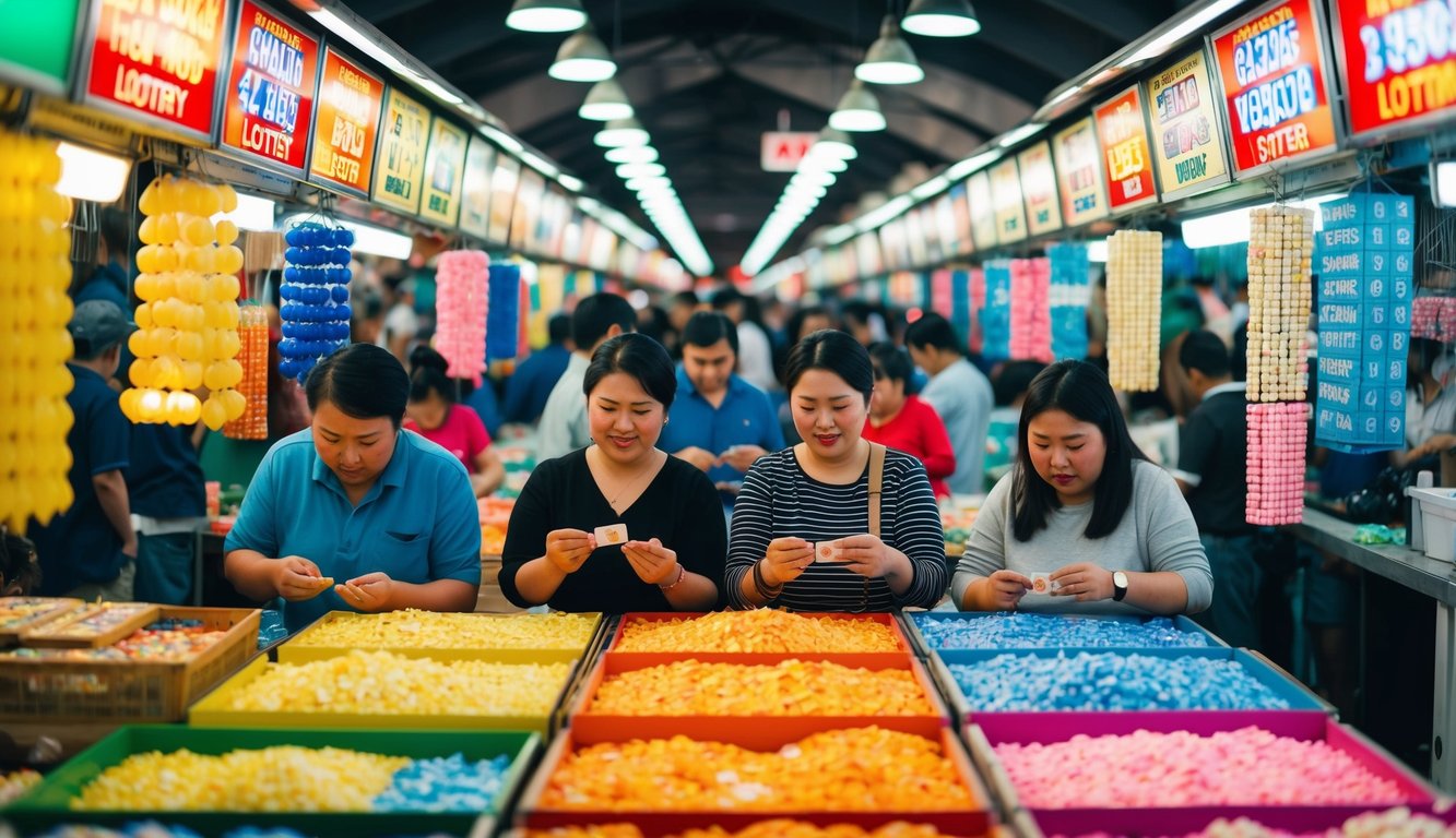 Pasar yang ramai dan penuh warna dengan stan-stan berwarna-warni dan orang-orang yang dengan antusias memasang taruhan mereka pada berbagai permainan lotere