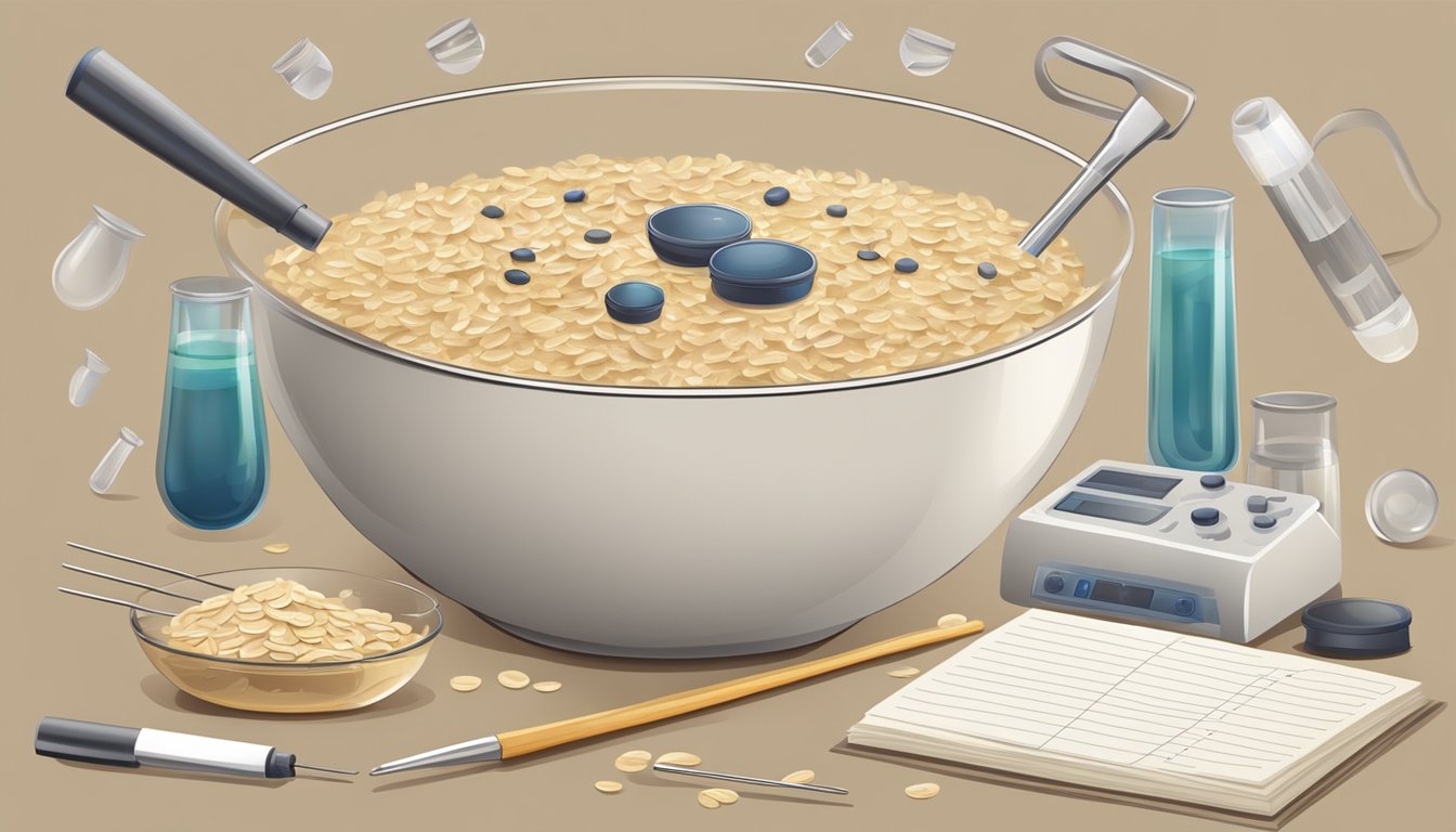 A bowl of oatmeal surrounded by measuring instruments and scientific equipment