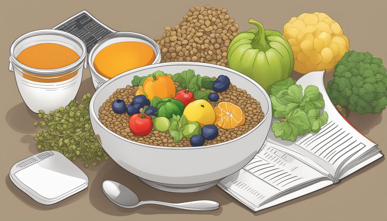 A bowl of lentils surrounded by various fruits and vegetables, with a nutrition guide in the background