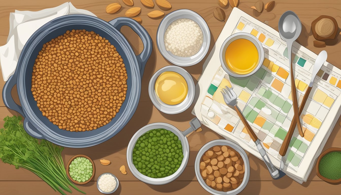 A bowl of lentils surrounded by various cooking utensils and ingredients, with a glycemic index chart in the background