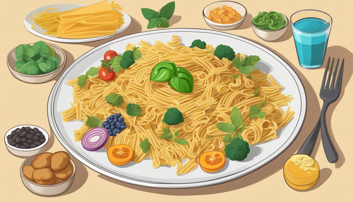 A plate of pasta surrounded by various healthy and unhealthy food items, with a glycemic index chart in the background