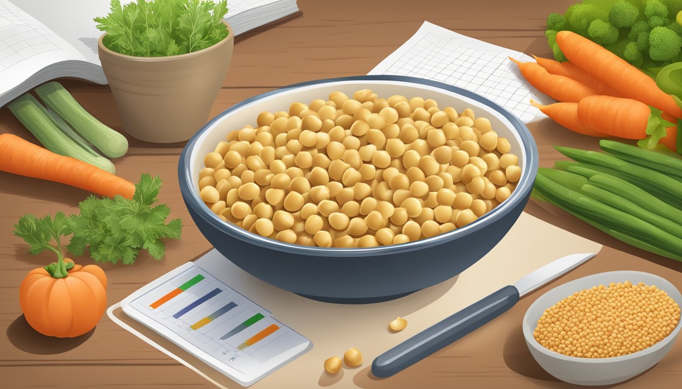 A bowl of chickpeas surrounded by fresh vegetables and grains, with a glycemic index chart in the background