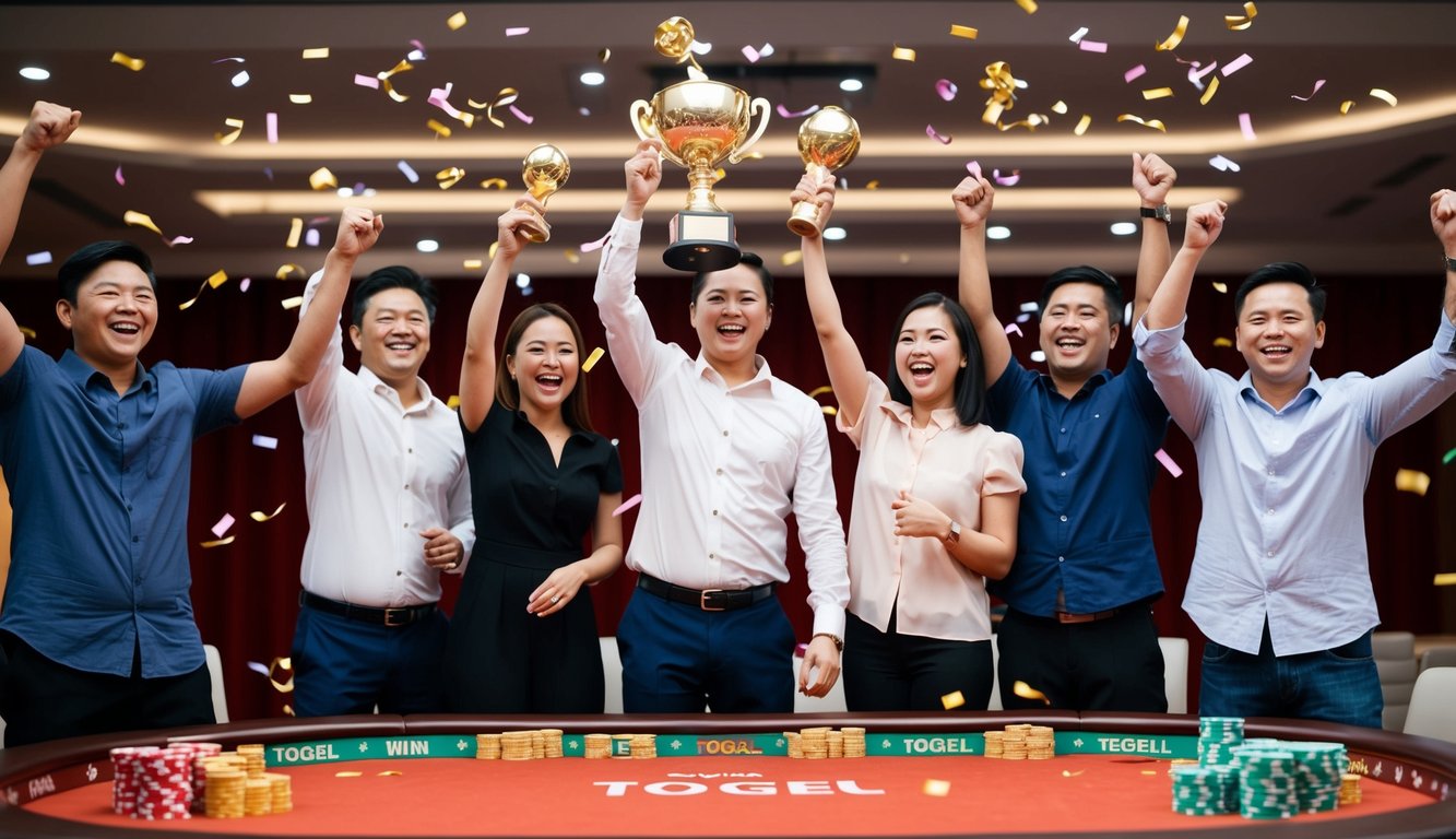 Sekelompok orang merayakan dengan konfeti dan bersorak saat mereka memenangkan permainan Togel