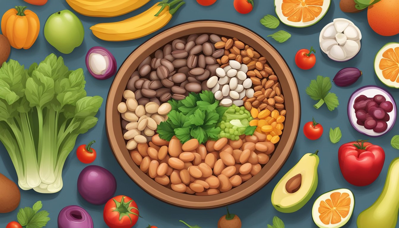 A bowl of pinto beans surrounded by a variety of colorful fruits and vegetables, with a nutrition label in the background