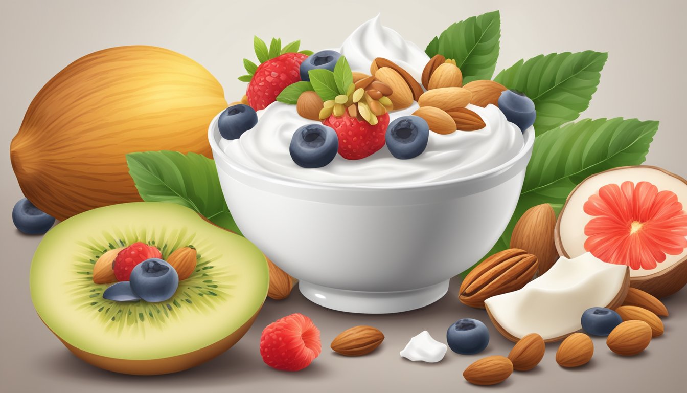 A bowl of Greek yogurt surrounded by a variety of nuts and fruits, with a nutrition label in the background