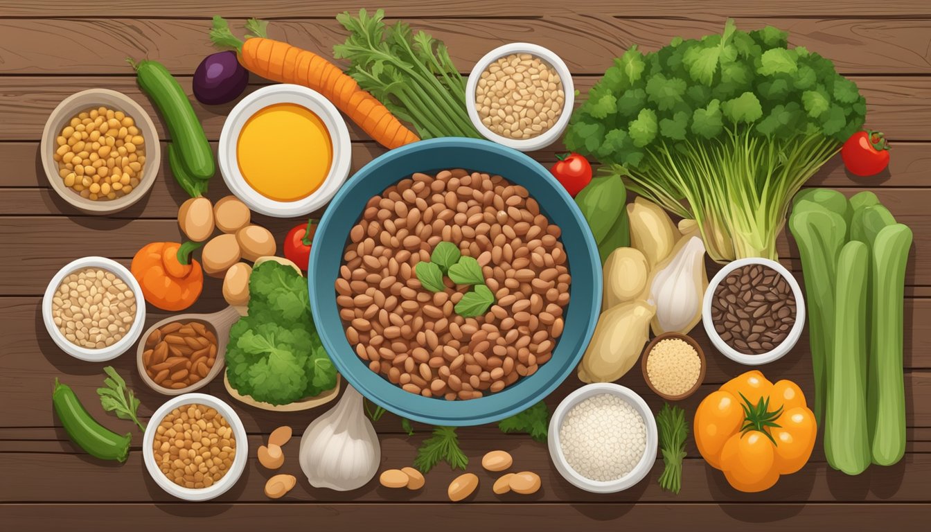 A bowl of pinto beans surrounded by various low-glycemic index foods like vegetables and whole grains on a wooden table