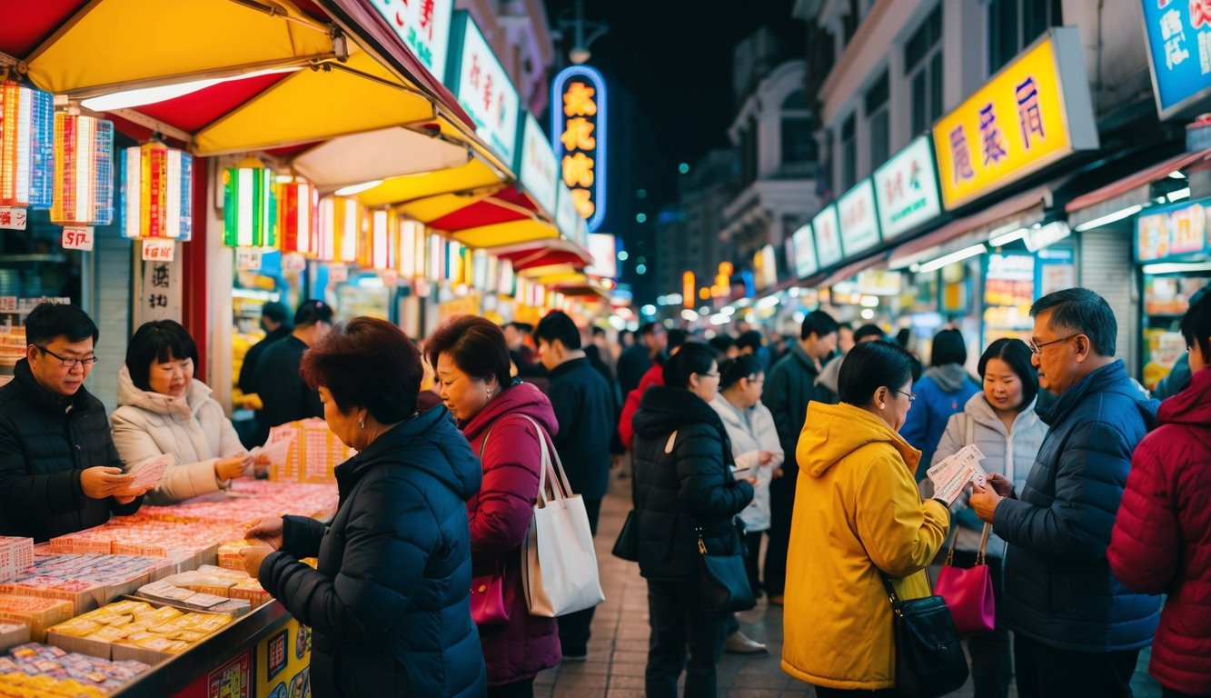 Pasar jalanan yang ramai di Makau dengan stan berwarna-warni dan orang-orang membeli tiket lotere