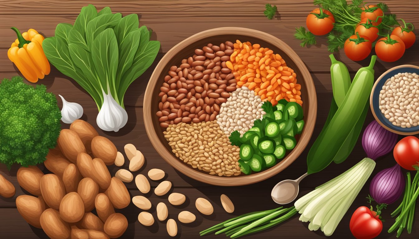 A bowl of pinto beans surrounded by a variety of fresh vegetables and whole grains on a wooden table