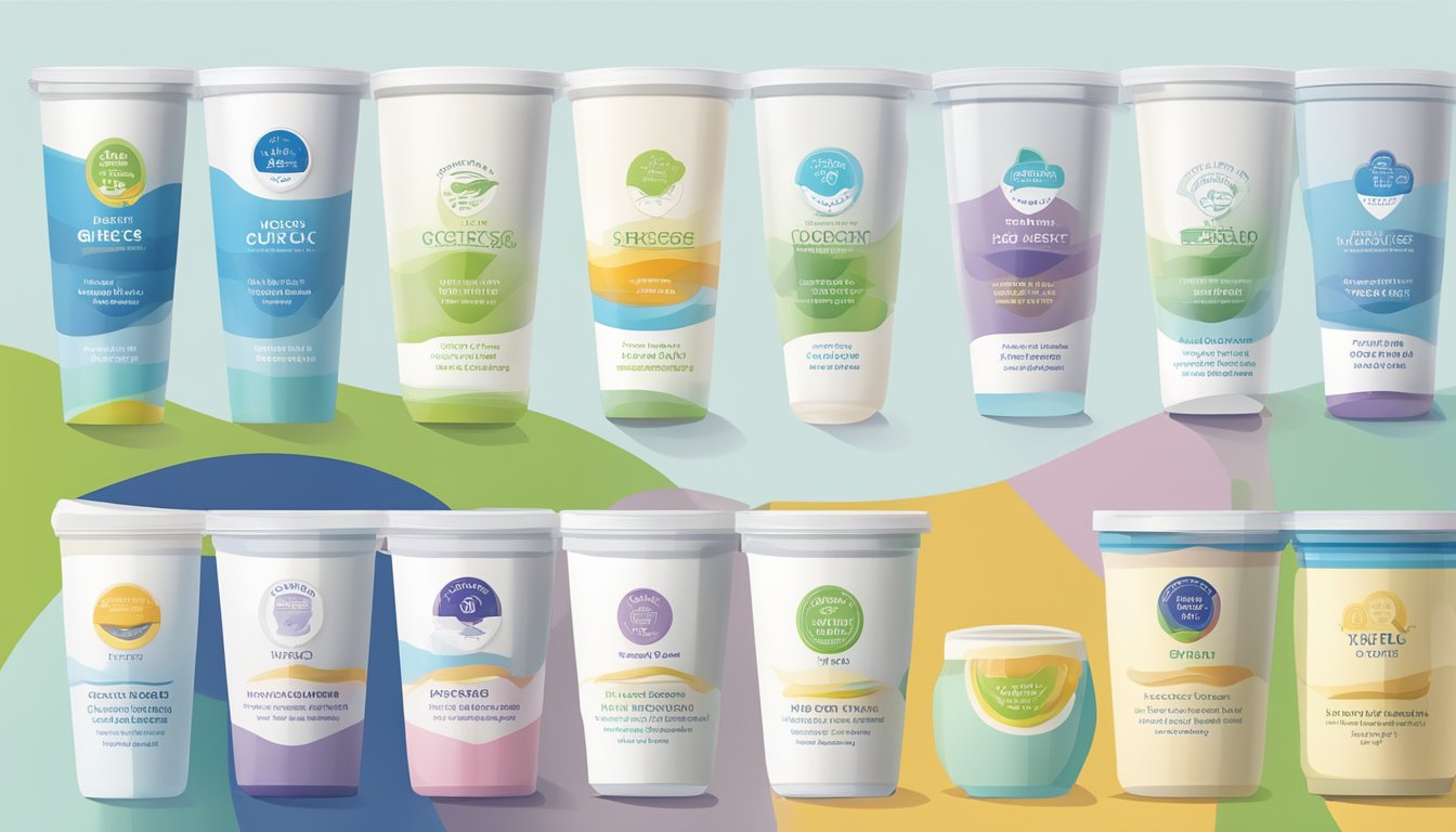 A variety of Greek yogurt containers arranged next to a chart showing the glycemic index values for each type