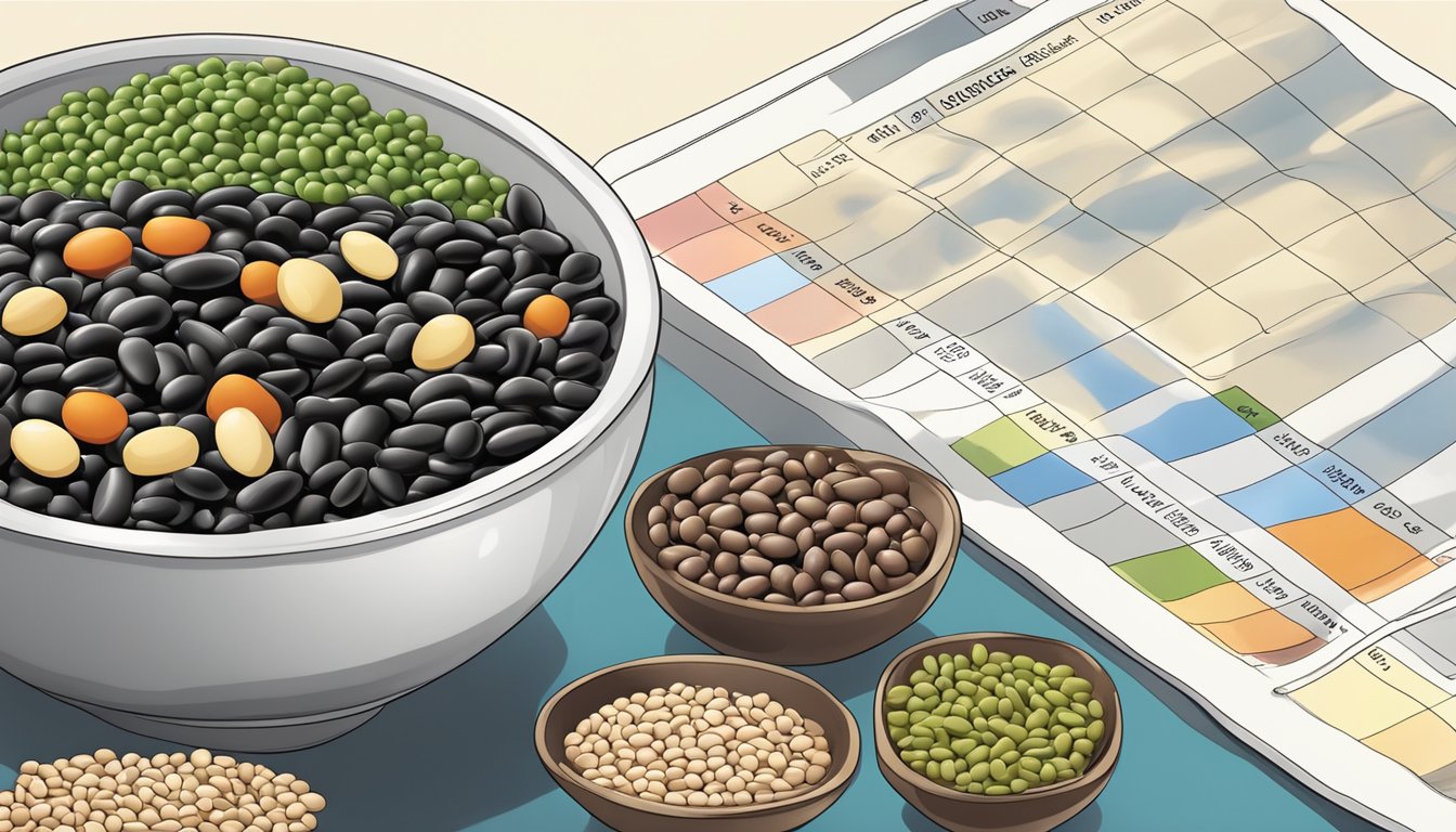 A bowl of black beans surrounded by various other legumes, with a glycemic index chart in the background