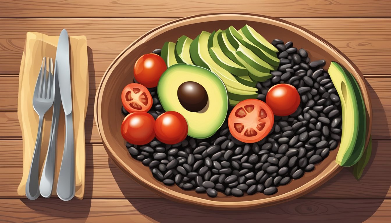 A colorful plate of black beans, tomatoes, and avocado on a wooden table