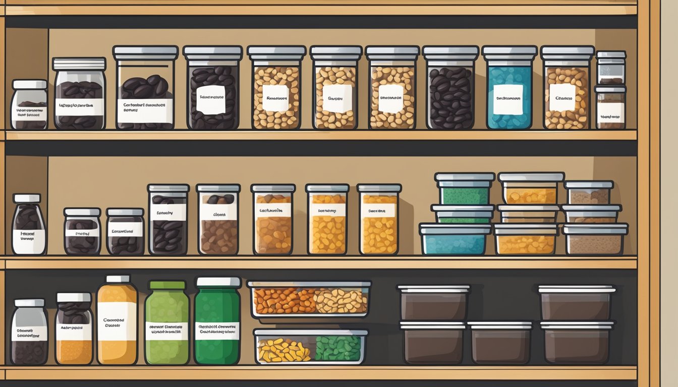 A pantry shelf with neatly organized containers of black beans and a chart showing their glycemic index