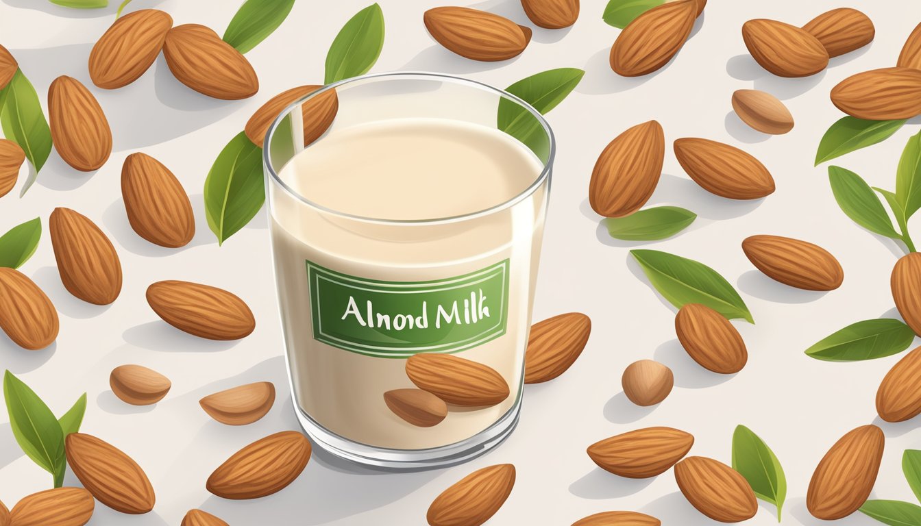 A glass of almond milk surrounded by almonds and a nutritional label