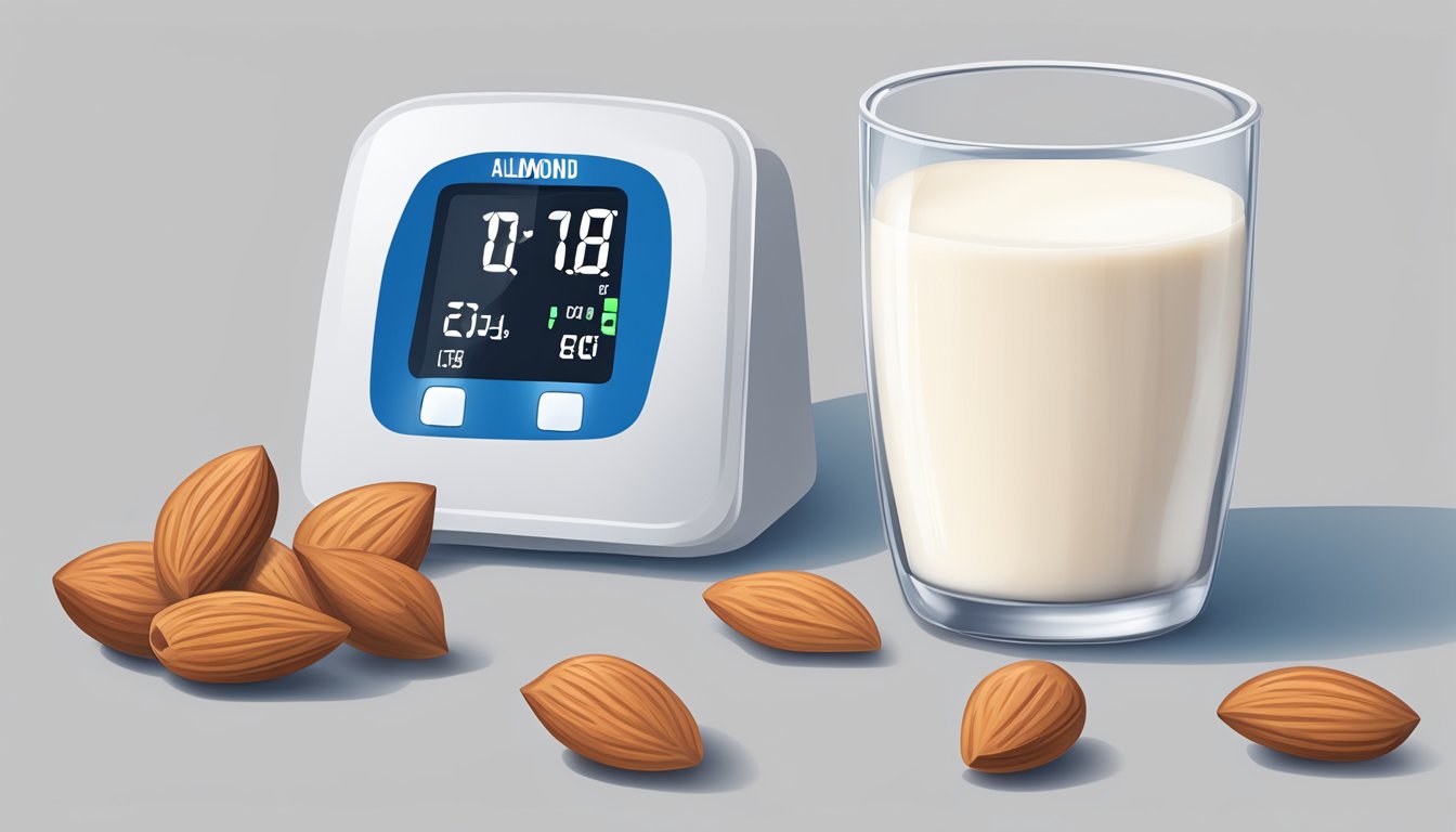 A glass of almond milk next to a blood sugar monitor showing stable levels