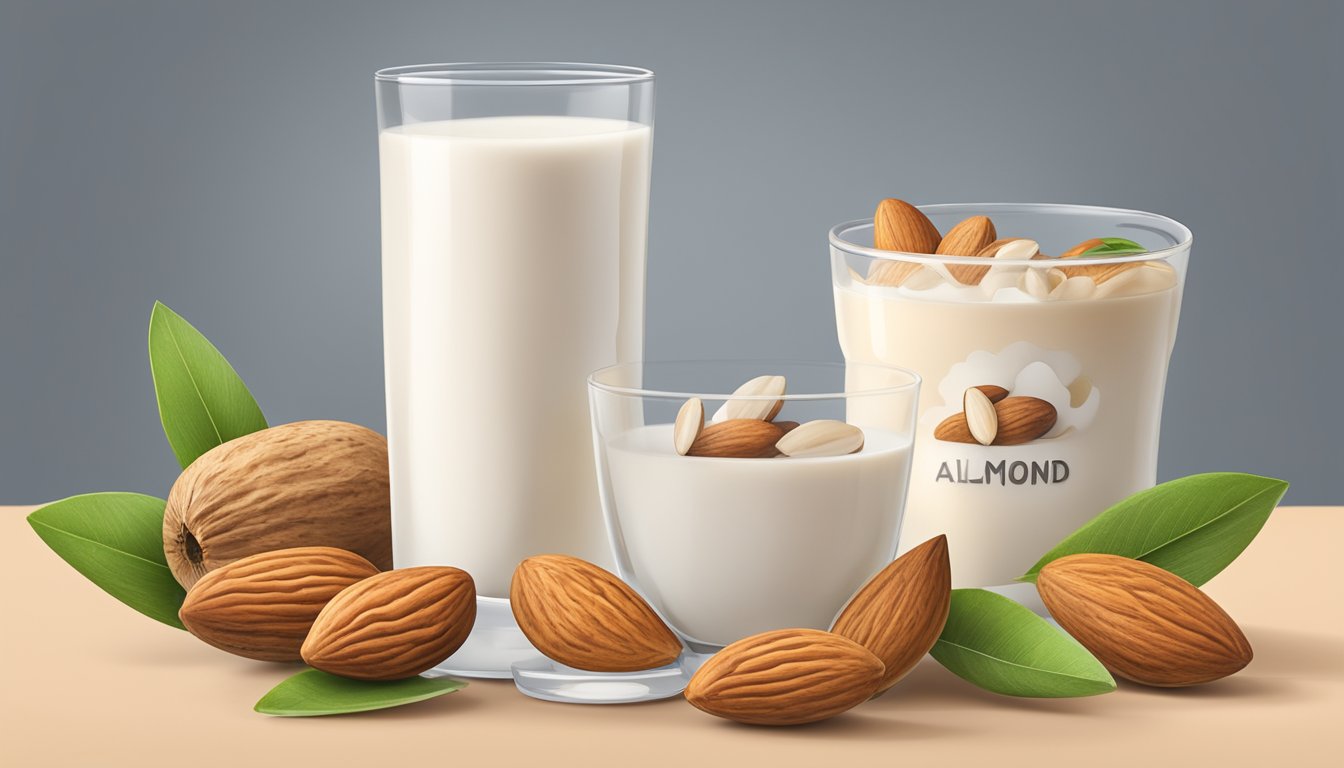 A glass of almond milk surrounded by a variety of fresh almonds, with a sign displaying "Low Glycemic Index" in the background