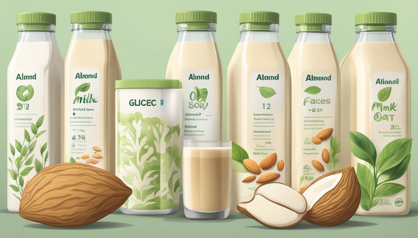 A variety of plant-based milks (almond, soy, oat) arranged next to a glycemic index chart