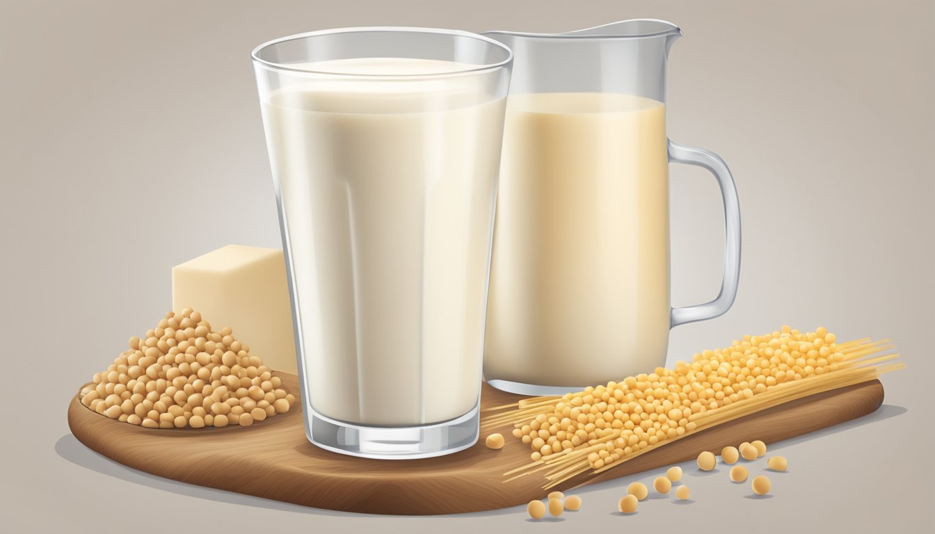 A glass of soy milk with a nutritional label and a glycemic index chart next to it