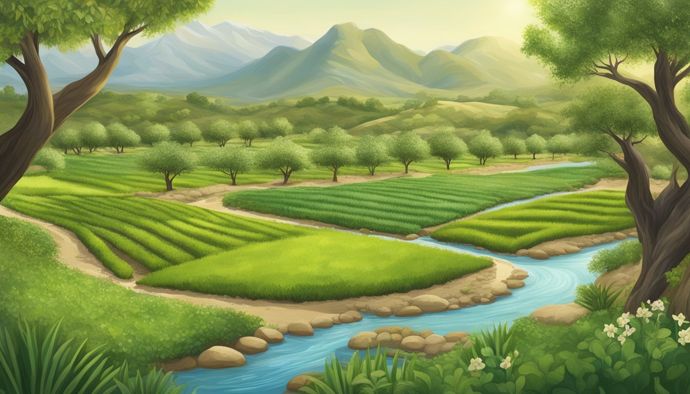 A lush almond orchard with a clear stream running through it, surrounded by diverse plant and animal life, illustrating sustainability and environmental impact