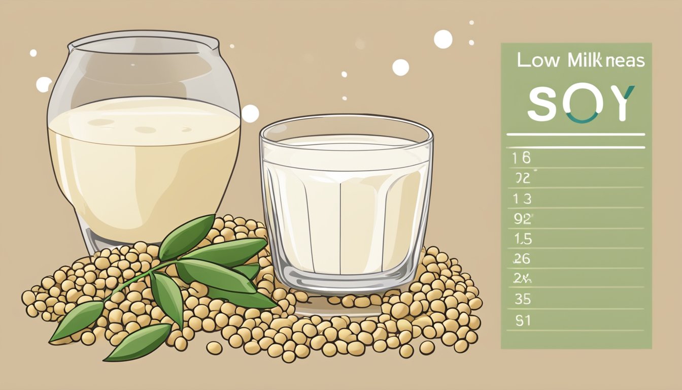 A glass of soy milk surrounded by various soybeans and a measuring scale, with a chart showing the low glycemic index of soy milk