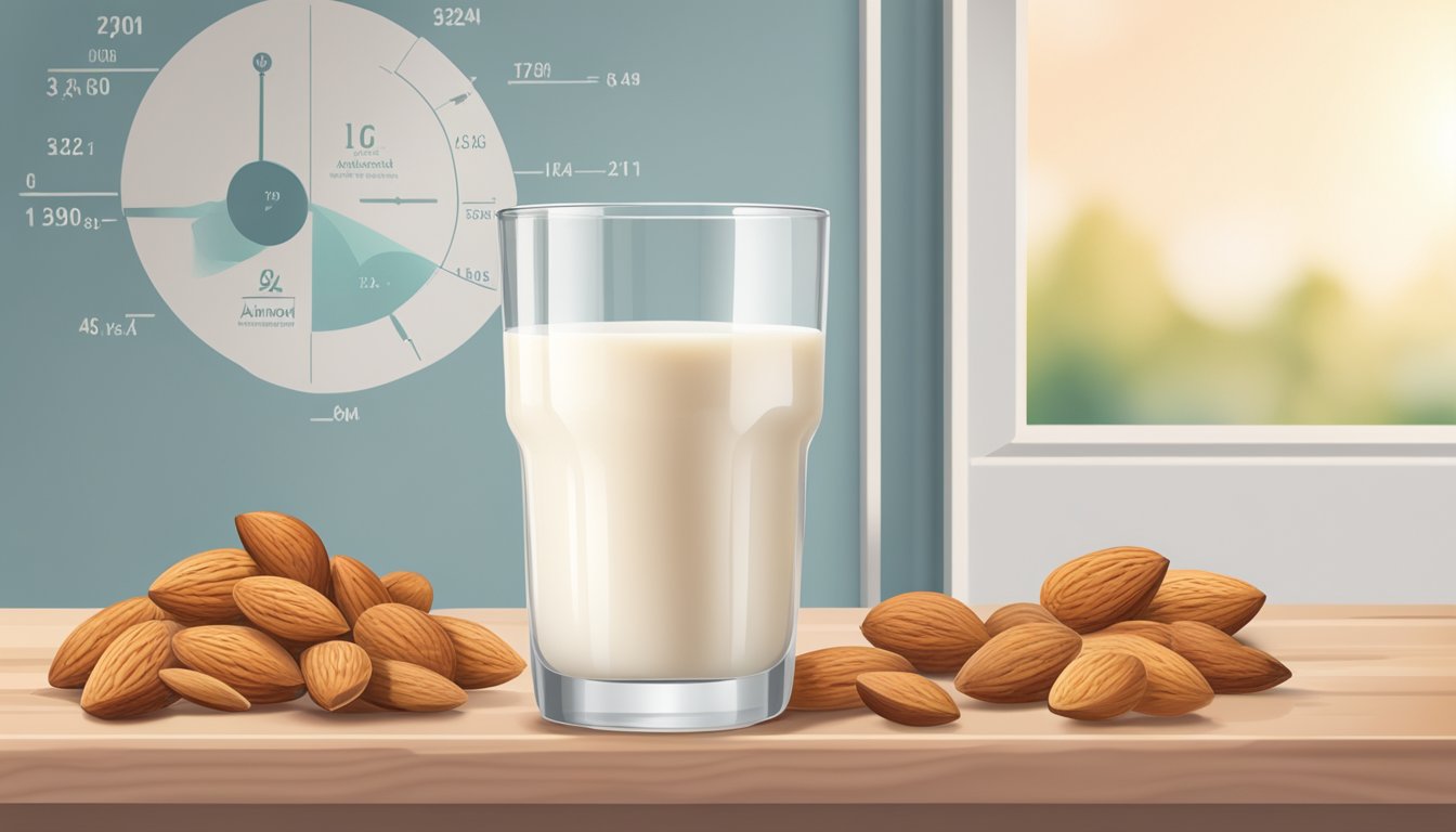 A glass of almond milk next to a glycemic index chart