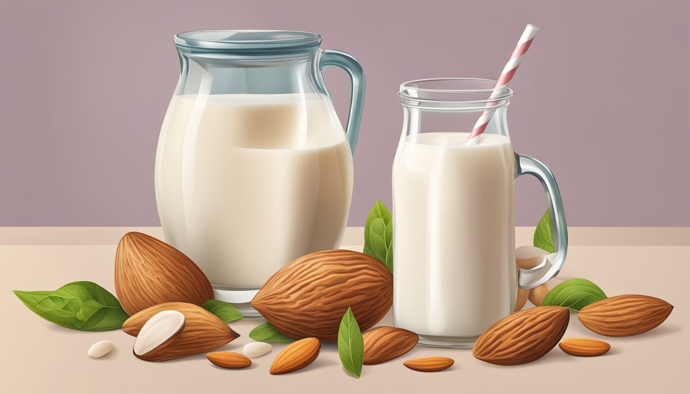 A glass of almond milk surrounded by various culinary ingredients and utensils