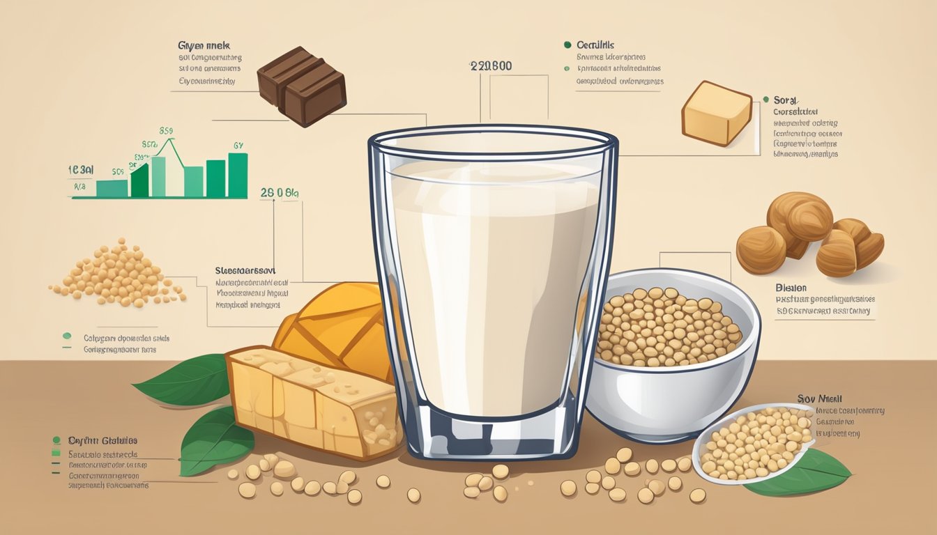 A glass of soy milk surrounded by fortified ingredients and additives, with a glycemic index chart in the background