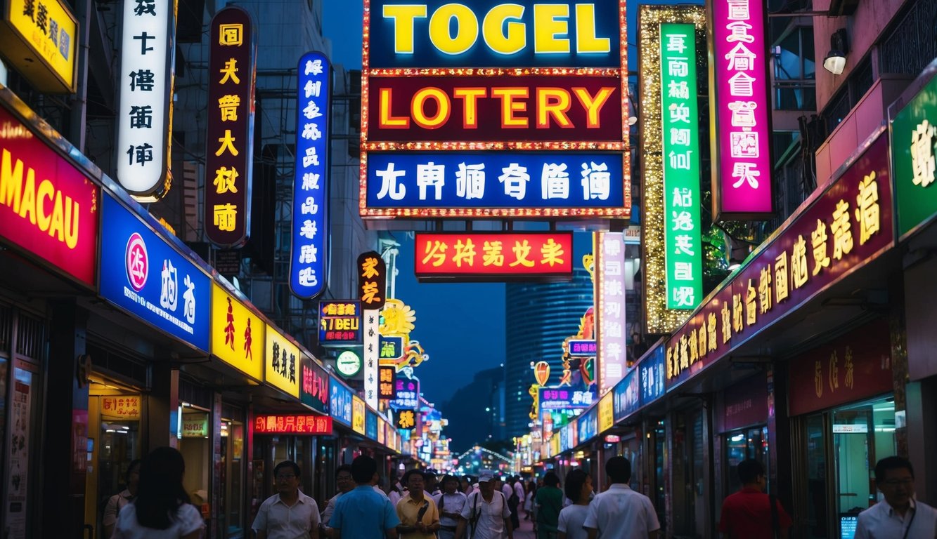 Sebuah jalan yang ramai di Macau, dengan tanda-tanda berwarna-warni dan lampu neon yang mengiklankan togel (lotere) terbaik di kota.