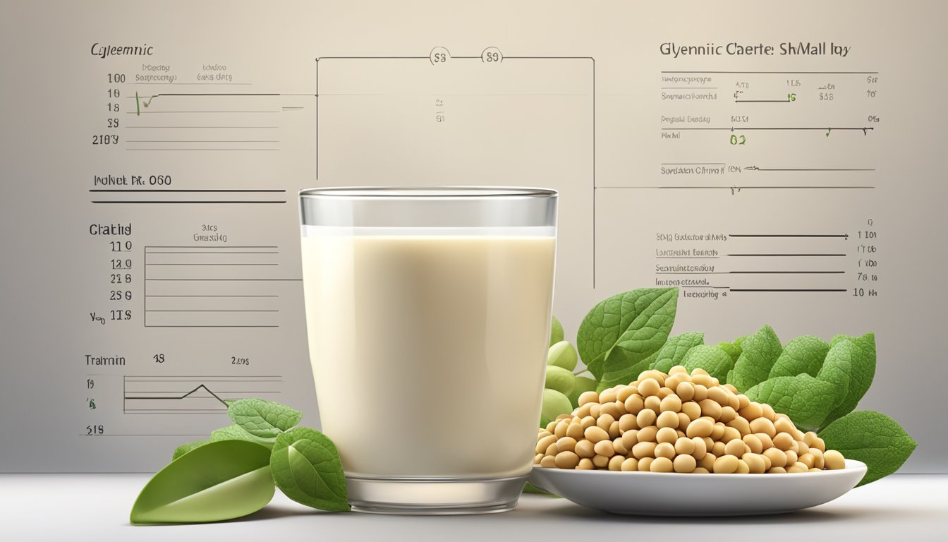 A glass of soy milk with various food items around it, including a soybean plant, and a glycemic index chart in the background