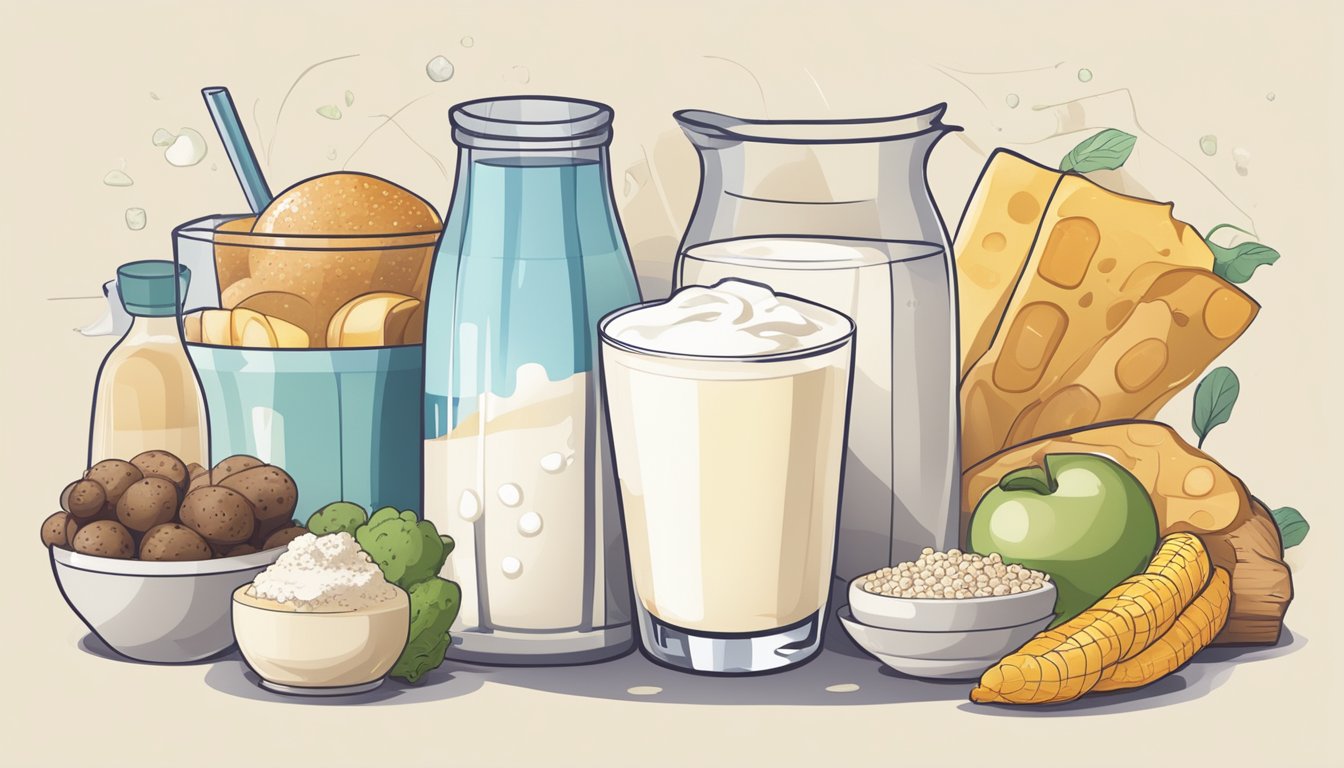 A glass of milk surrounded by various foods with their corresponding glycemic index values displayed in a chart