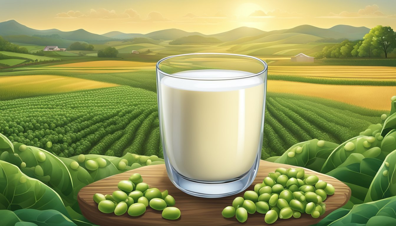 A glass of soy milk surrounded by soybeans and a sustainable farming landscape