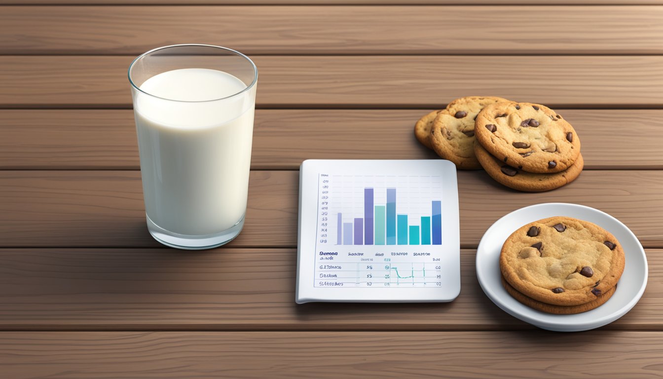 A glass of milk sits on a wooden table next to a plate of cookies, with a larger image of a glycemic index chart in the background