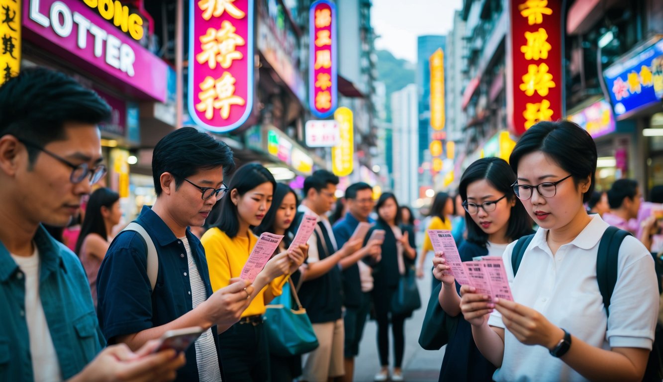 Sebuah jalan yang ramai di Hong Kong dengan tanda neon berwarna-warni dan orang-orang yang dengan antusias memeriksa tiket lotere mereka