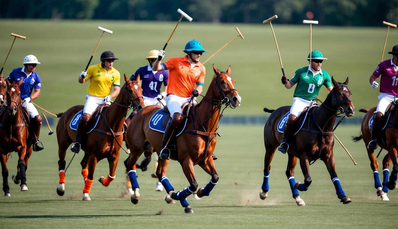 Sekelompok pemain polo di atas kuda yang berkompetisi dalam pertandingan online, dengan jersey berwarna-warni dan pemukul di tangan, berlari kencang di lapangan digital.