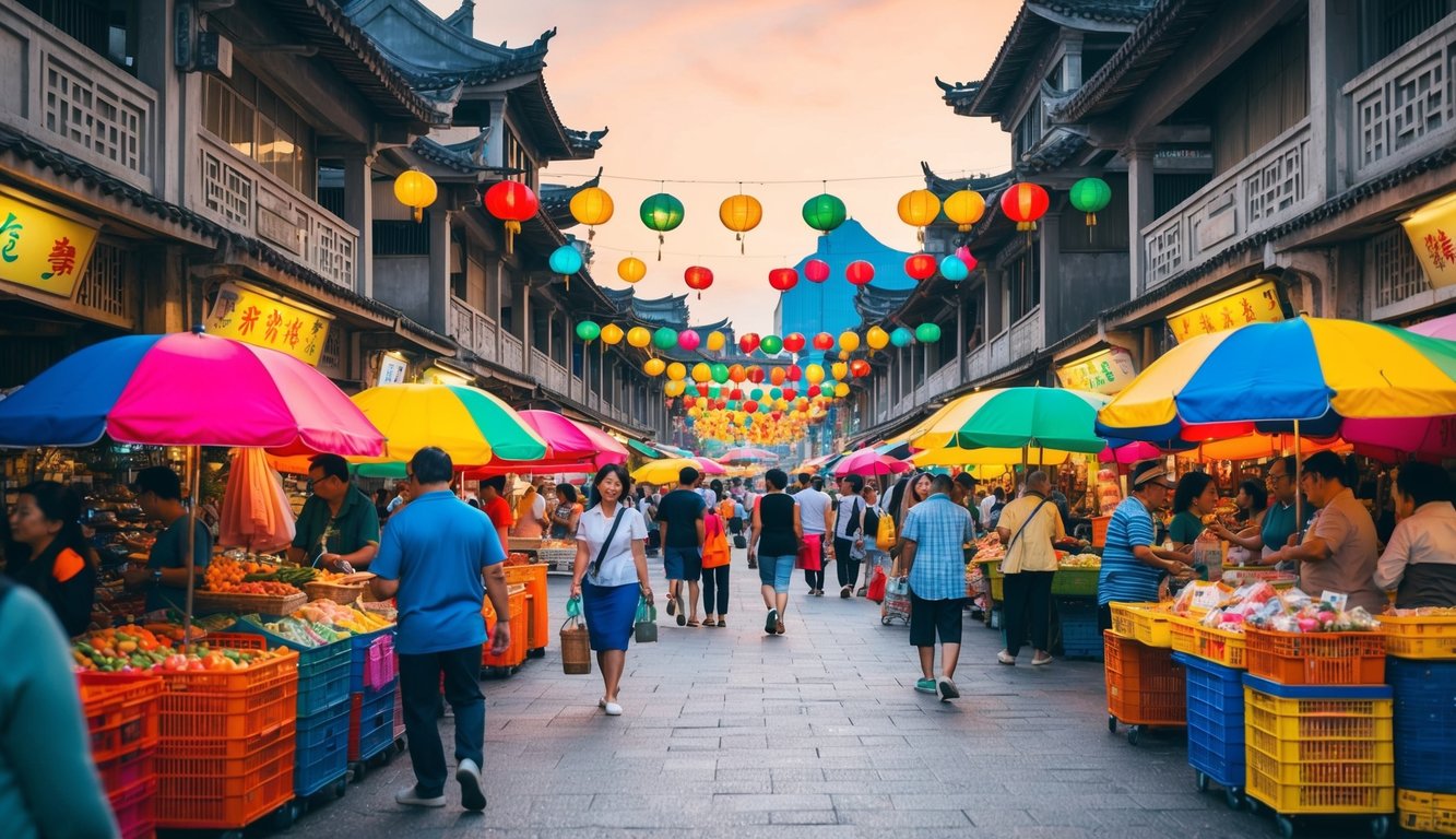 Pasar jalanan berwarna-warni di Toto Macau, ramai dengan pedagang dan pembeli. Payung cerah dan arsitektur tradisional menciptakan suasana yang hidup.