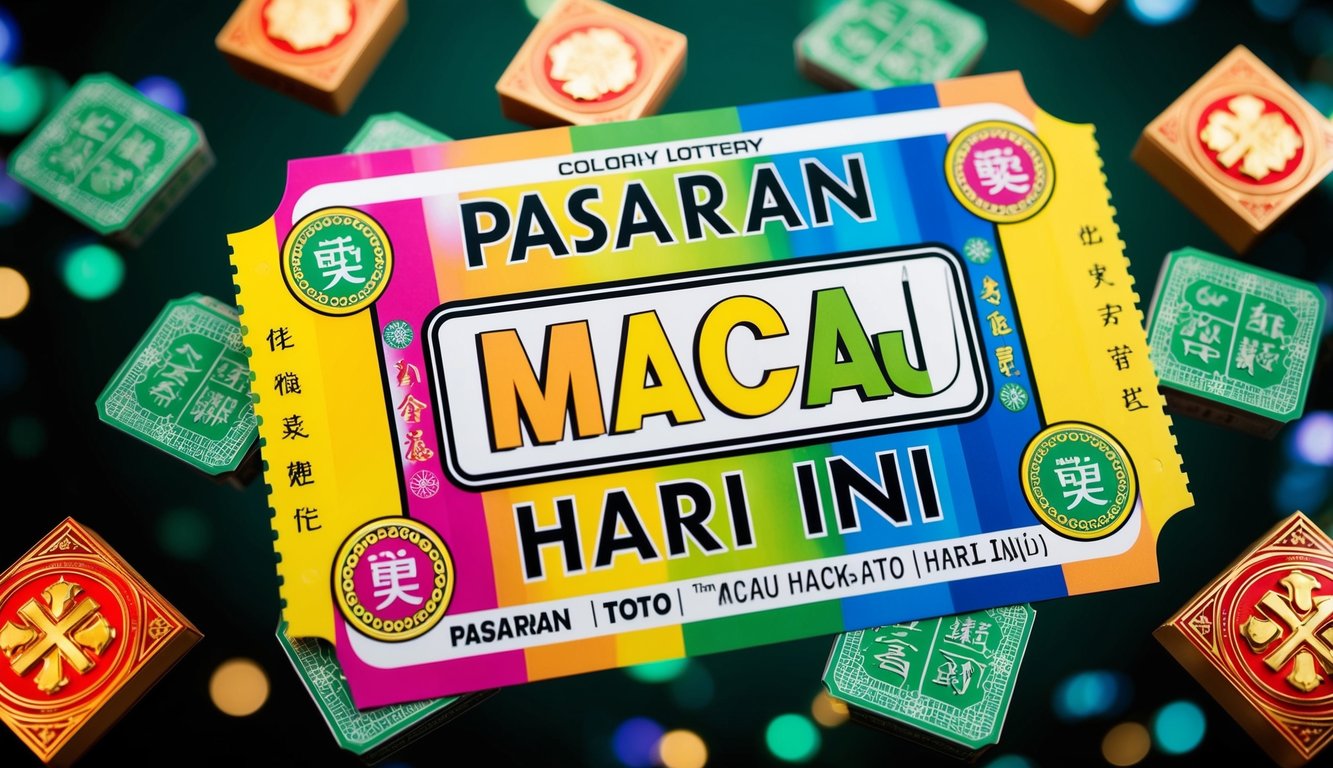 Sebuah tiket lotere berwarna-warni dengan kata-kata "Pasaran Toto Macau hari ini" yang ditampilkan dengan jelas. Mengelilingi tiket tersebut adalah berbagai simbol keberuntungan dan motif tradisional Tiongkok.