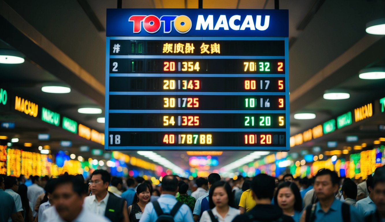 Papan hasil Toto Macau yang ramai dan sibuk dengan lampu berkedip dan angka berwarna-warni