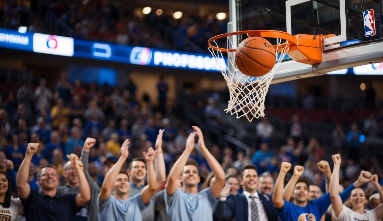 Sebuah bola basket melambung melalui ring di sebuah stadion yang dipenuhi dengan penggemar yang bersorak