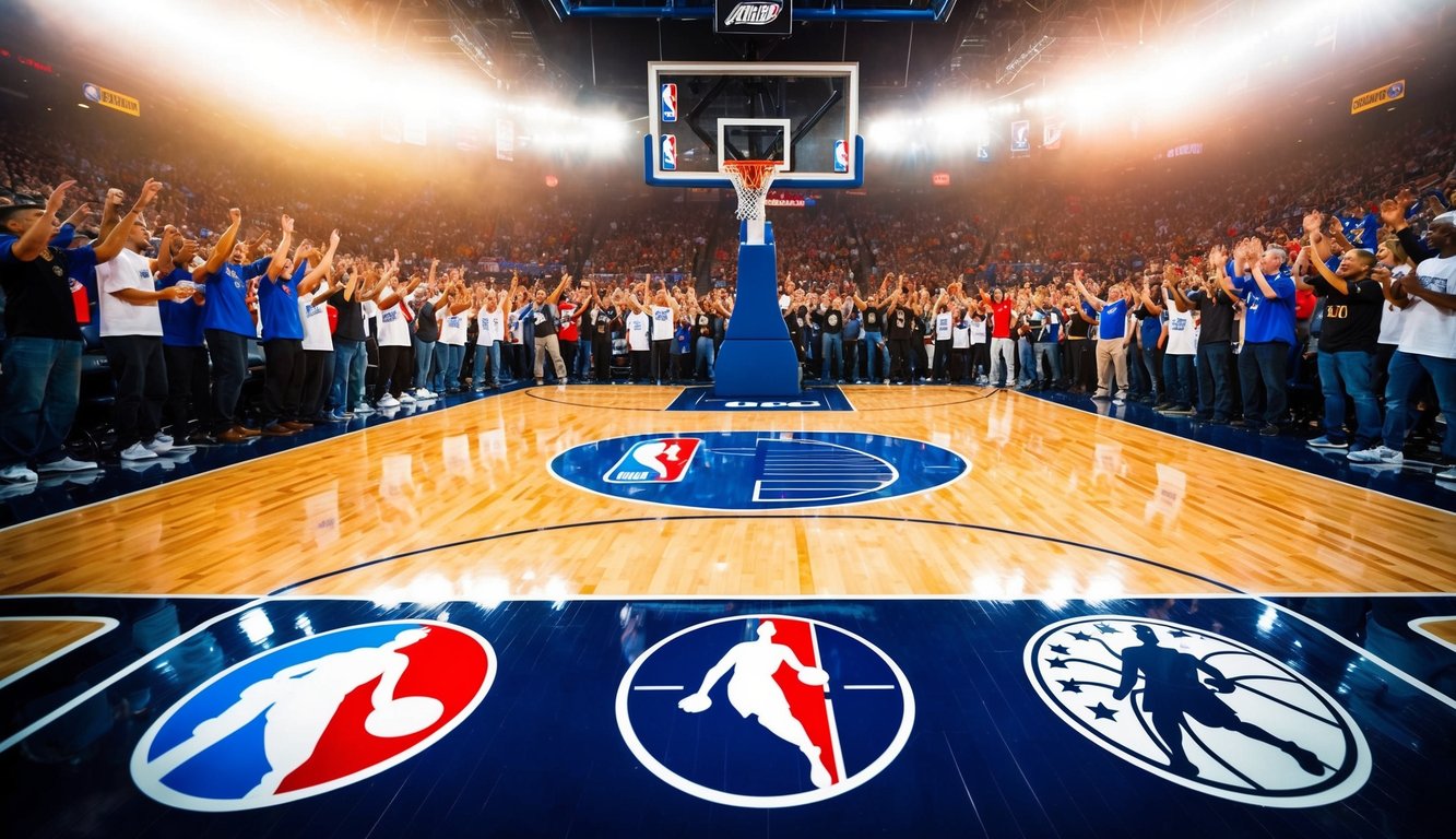 Sebuah lapangan basket dengan logo tim NBA, dikelilingi oleh penggemar yang bersorak