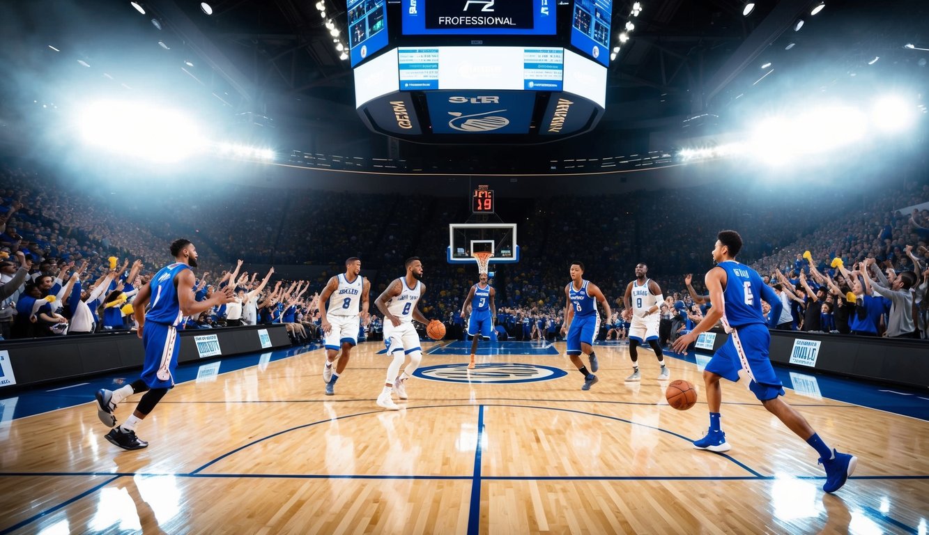 Sebuah lapangan basket dengan pemain yang sedang beraksi, dikelilingi oleh penggemar yang bersorak dan lampu stadion yang terang