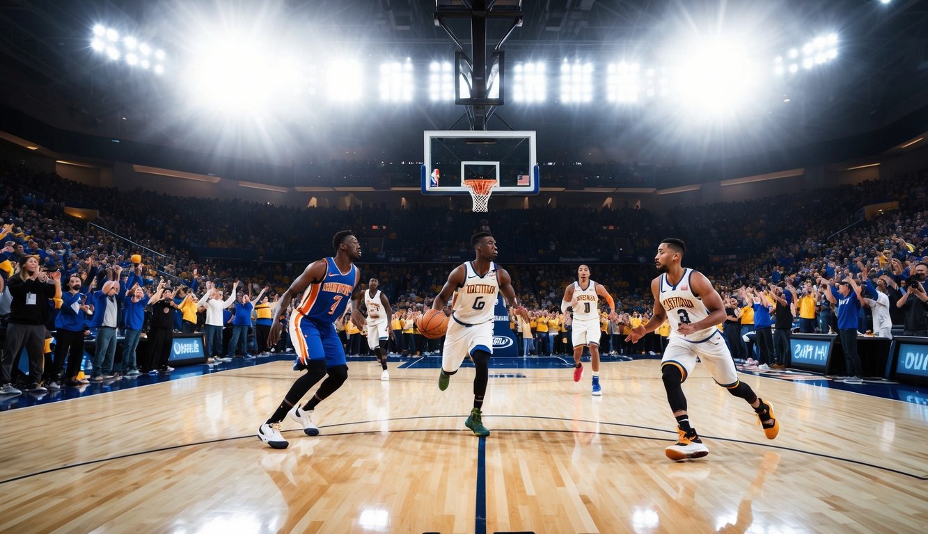 Sebuah lapangan basket dengan pemain yang sedang beraksi, dikelilingi oleh penggemar yang bersorak dan lampu stadion yang terang