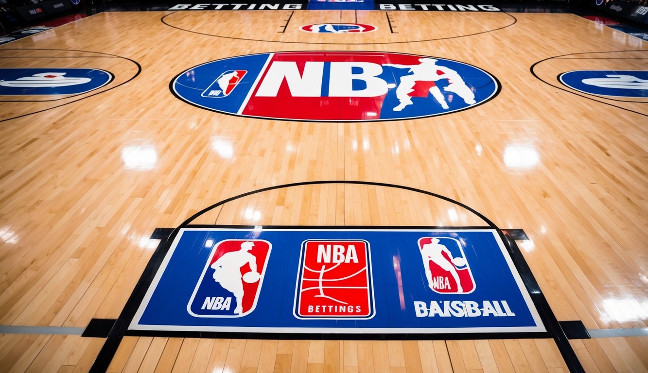 Sebuah lapangan basket dengan tanda dan logo taruhan resmi NBA yang ditampilkan dengan jelas