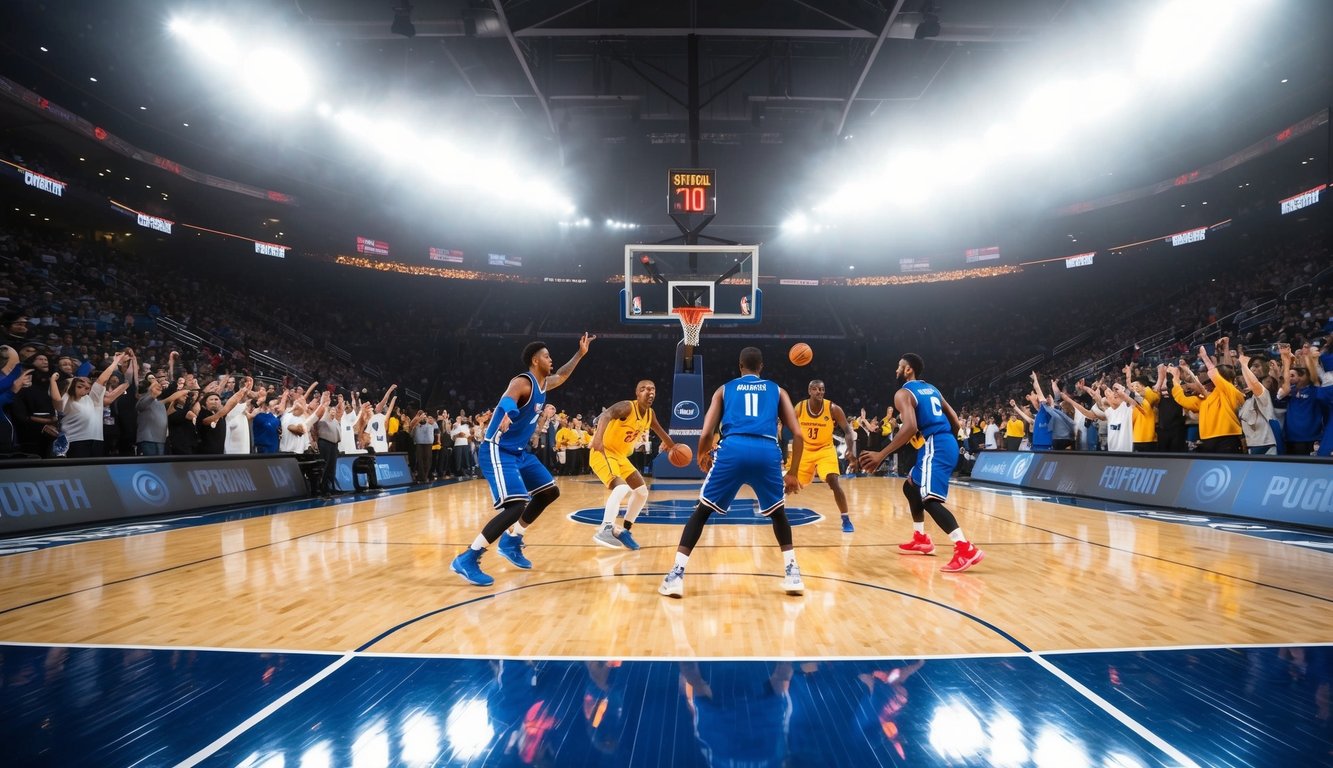 Sebuah lapangan basket dengan pemain yang sedang beraksi, dikelilingi oleh penggemar yang bersorak dan lampu stadion yang terang