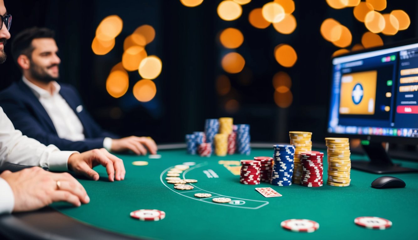 Sebuah meja poker dengan chip, kartu, dan layar komputer yang menunjukkan tangan yang menang