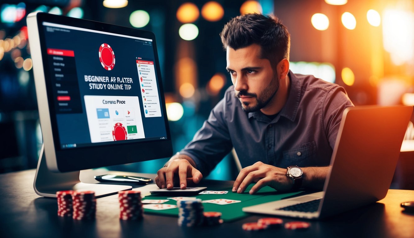 Seorang pemain poker pemula yang mempelajari tips online, dikelilingi oleh kartu, chip, dan komputer.