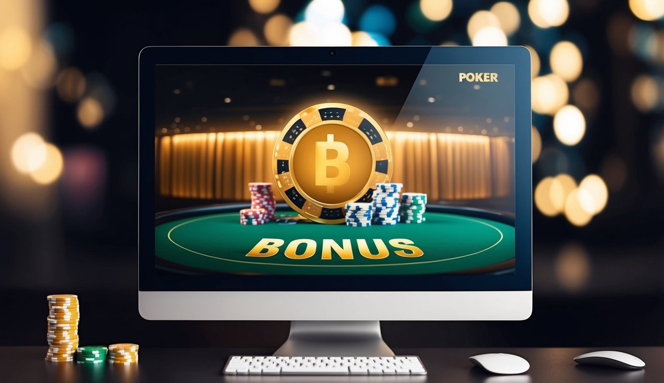 Sebuah layar komputer dengan meja poker virtual, chip, dan simbol bonus besar yang ditampilkan secara mencolok