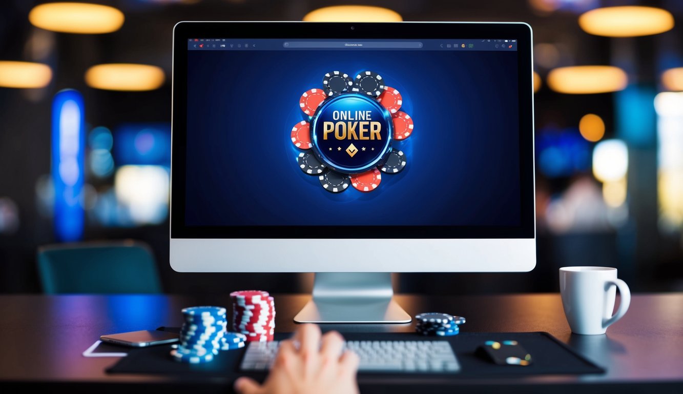 Sebuah layar komputer yang ramping dan modern menampilkan antarmuka permainan poker online yang hidup dan menarik, dengan chip, kartu, dan logo yang stylish