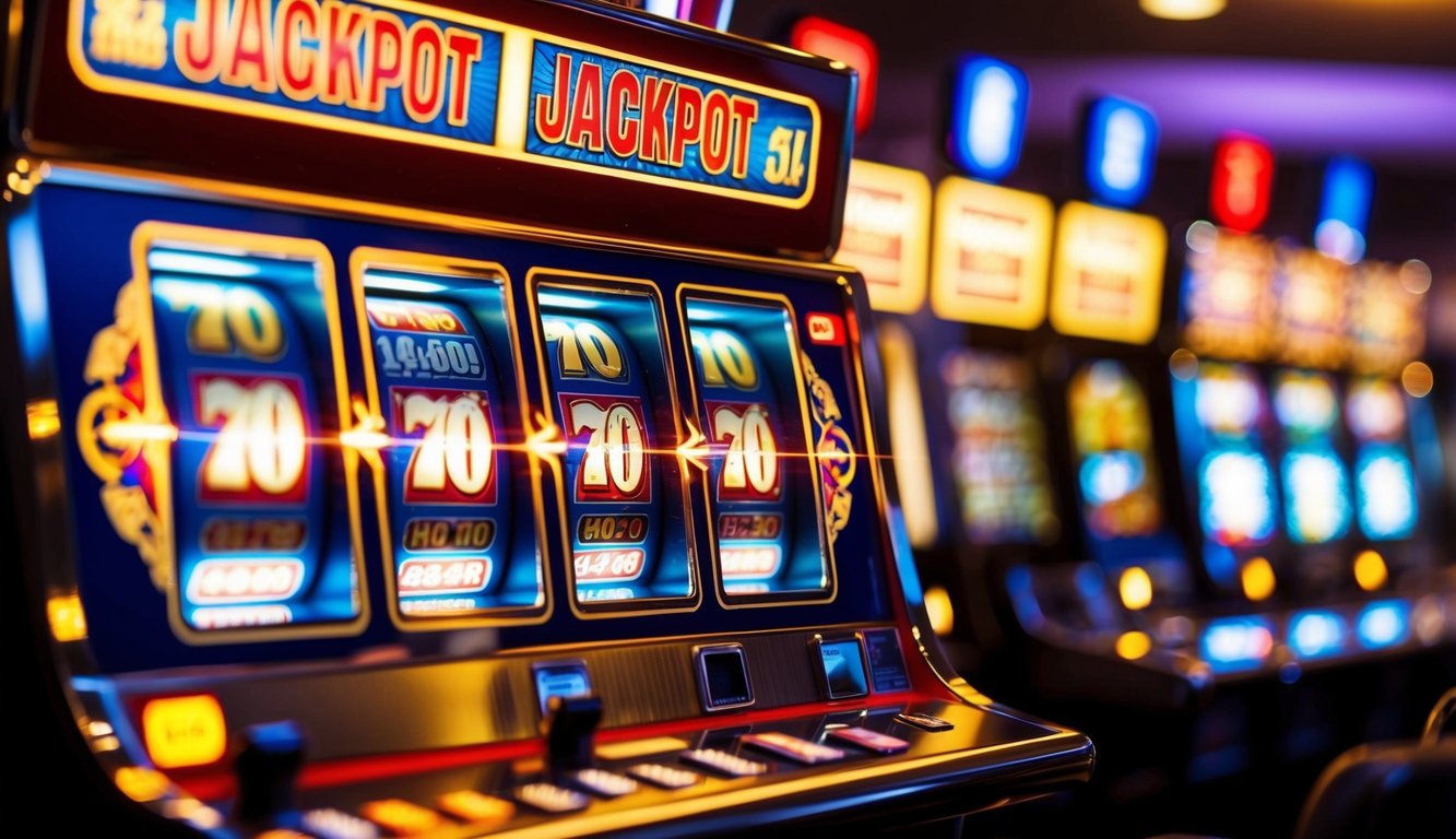 Sebuah mesin slot yang bersinar dengan lampu berkedip dan tampilan jackpot yang besar