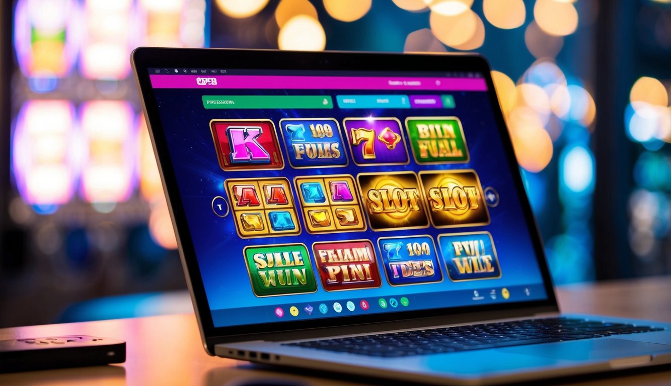 Sebuah layar komputer menampilkan permainan slot online yang cerah dan menarik dengan berbagai simbol dan gulungan. Warna-warna cerah dan grafik dinamis menarik perhatian penonton.